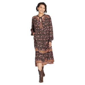 Knox Rose Black & Red Bohemian Floral Peasant Midi Rayon Dress Size XL Hippie